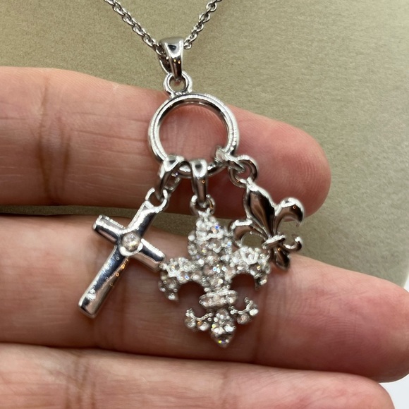 Silver Charm Necklace with Cross and Fleur-de-lis with Rhinestones Necklace - Picture 7 of 14